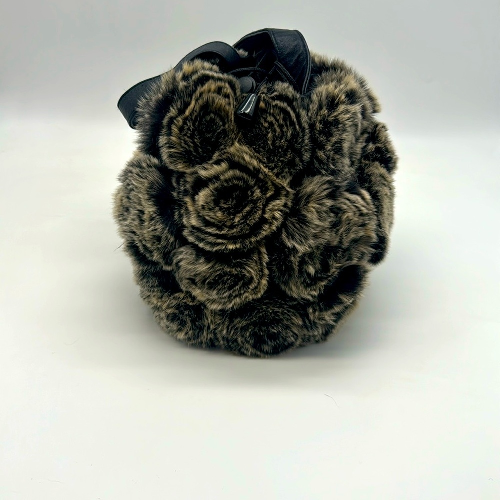 Vintage Belle Fare Rose Pattern Gray Real Rabbit Fur Drawstring Bucket Purse Bag